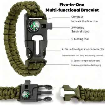 1 件户外求生手链，多功能 7 芯伞绳求生手链，户外必备，5 合 1 徒步绳可调节手腕尺寸
