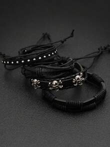 4 件/套朋克风格黑色编织皮革骷髅装饰合金手链，适合男士日常佩戴，是节日礼物的理想选择 - 黑色 - 查看 4
