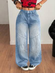 Y2K Elegant Vintage Street Style Patchwork Pocket Distressed Loose Wide Leg Jeans, Casual For Office, Outing, Date, Autumn - Blue - View 5