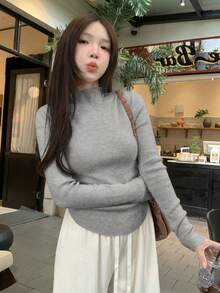 Damen Slim Fit Pullover mit Stehkragen, gefaltete Taille, leicht, vielseitig für Herbst & Winter, einfach Lässig, für den täglichen Gebrauch, Pendeln, Zuhause und andere Anlässe zum Tragen, Langarm Oberteile - Hellgrau - Übersicht 2