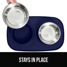 Gorilla Grip Slip Resistant Pet Bowls and Silicone Feeding Mat Set, Catch Water and Mess, Raised Edges for No Spills, Stainless Steel Cat and Dog Bowl, Patent Pending Design, ,(2 Cup Navy) - Tipo 14 - Ver 5