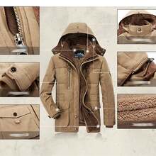 Abrigo acolchado de algodón para hombre, forro de boa, largo, chaqueta cargo, capucha, impermeable, protección contra el frío, cortavientos, elegante, chaqueta de abrigo, manga larga, grueso, suave, ligero, ropa de trabajo, holgado. - Caqui - Ver 3