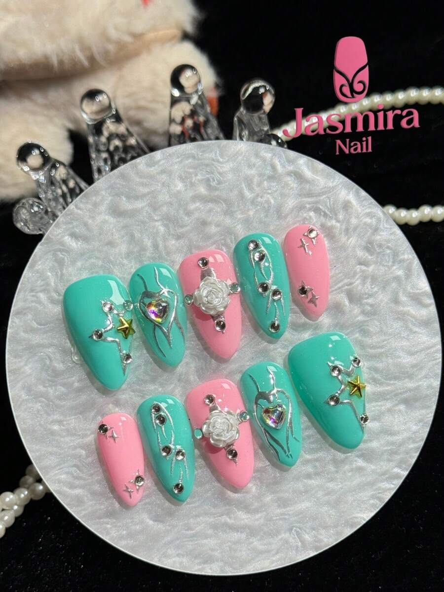 10 piezas Juego de manicura hecho a mano, Manicura de almendra 3D, Uñas rosas, Uñas verde azulado, Puntas francesas, Flores 3D, Rhinestones blancos, Diseño de línea rosa espejo mágico plateado, Uñas de almendra para el Día de San Valentín, Incluye herramientas de manicura (1 pegatina de gelatina + 1 lima de uñas) Adecuado para fiestas, vacaciones, regalos de cumpleaños, suministros de arte de uñas para uso casual y diario