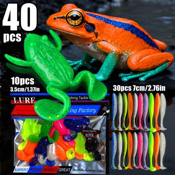 40 piezas Set de combinación de colores mixtos de 2 tipos de señuelos de rana con cebo blando, adecuado para black bass, trucha y otros peces con diseño realista tanto para agua dulce como salada. Señuelos de pesca, cebos blandos de pesca, señuelos de pesca y accesorios.