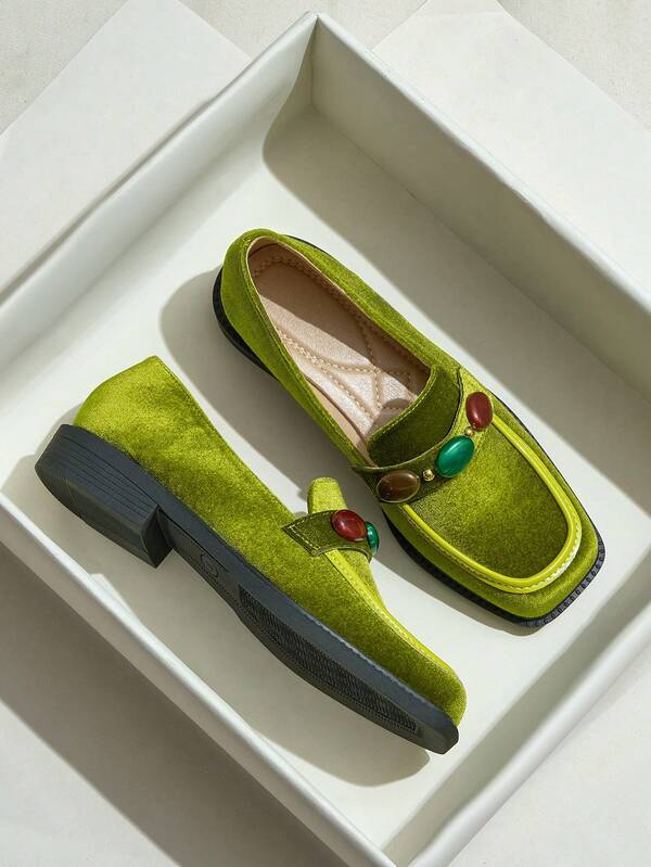 Women's Fashion Green Square Toe Slip-On Loafers, Thick Sole, Mid-High Chunky Heel, Soft Bottom, Comfortable Casual Shoes For Autumn