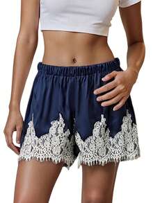 Summer Satin Mini Shorts With Lace Ruffles And Casual Shorts For Women At The Beach - Dark Blue - View 6
