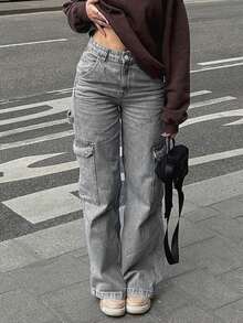 NVFelix 2026新款女士高腰宽松阔腿牛仔裤，街头休闲春季款 - 灰色 - 查看 4