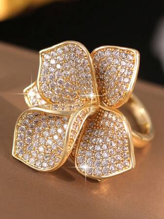 1枚梦幻3D花朵造型戒指，奢华可调节订婚戒指，女士日常装饰生日圣诞礼物，铜质立方氧化锆首饰