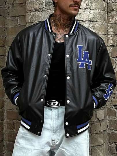 Men's PU Baseball Jacket, Fashionable Printed Casual Outdoor Weardy For Young Adults And Students, Long Sleeve Leather Jacket, Spring/Autumn