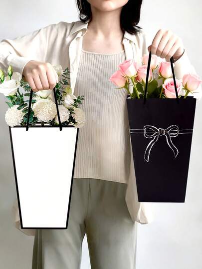 5pcs Black & White Gradient Trapezoid Gift Bags, High-Quality Paper Flower Bouquet Packaging Bags For Birthday Party, Mother's Day, Wedding Party, Valentine's Day Flower Bouquet, Bowknot And Solid Black Frame Styles, Suitable For Holding Flower Bouquets And Gifts For Christmas, Valentine's Day, Birthday, Wedding, Singles Party, Mother's Day