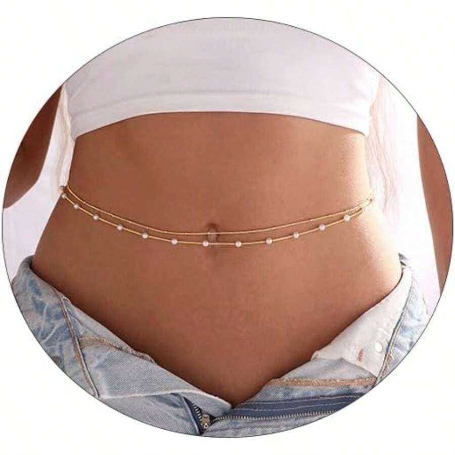 2PCS 18K Gold Plated Waist Chain Satellite Body Chain Layered Rope Waist Chains Bikini Beach Waist Chain Women Waterproof Adjustable 26.5 - 33Inch - 分層衛星+珍珠-GD - 查看 1