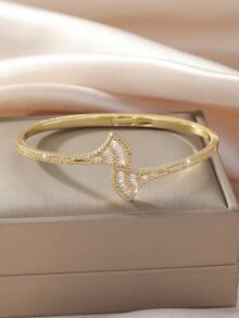 1pc Elegant & Charming 18K Gold Plated Zirconia Adjustable Apricot Leaf Bangle Bracelet, Jewelry Gift For Women, Suitable For Daily Wear, Party, Date