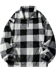 Men's Old Money Men Plaid Plush Quarter Zip Sweatshirt, Long Sleeve Top - Grey - View 3