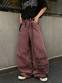 1件 Infinite Jeans 美国休闲品牌拼接男士个性化印花喇叭裤，宽松舒适的街头风阔腿裤（不含腰带和配饰） - 紅色 - 查看 3