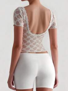 Women's White Lace Short Sleeve Top Fitted, Stretchable Fabric