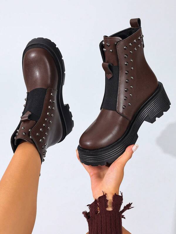 Women's Thick Sole Slip-On Casual Boots With Elastic Band, Handmade, Brown/Black, Chunky Heel, Suitable For Autumn/Winter