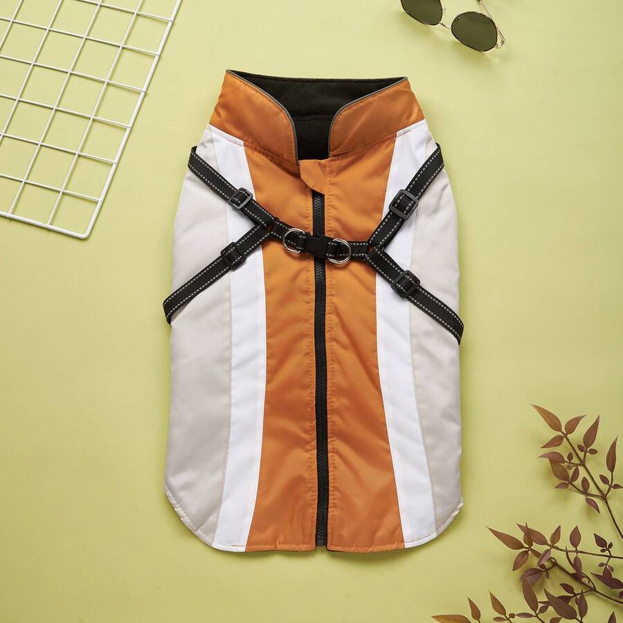 1pc Patchwork Fabric Waterproof Windproof Pet Jacket With Zipper Closure, Reflective Strip, Chest Harness, Outdoor Coat For Cats And Dogs, Autumn/Winter - Orange - View 1