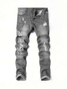 Plus Size Men's Fashionable Distressed Stretch Denim Jeans - Dark Grey - View 3