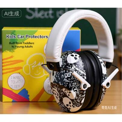 PROHEAR 032 Kids Ear Protection Safety Ear Muffs, NRR 25dB Noise Reduction Childrens Earmuffs, Adjustable Headband Hearing Protectors For Concerts, Racing, Airports - Skull Pattern