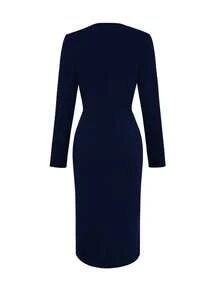 女士高端优雅中长连衣裙，端庄精致，适合春秋季节，修身显高秋季连衣裙 - 藏蓝色 - 查看 3