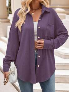 Women's Waffle Knit Button Front Shirt Collar Blouse, Drop Shoulder Long Sleeve, Pocket Detail - Purple - View 2