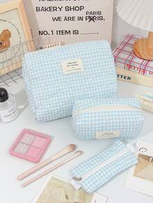 1 件装蓝色格纹化妆包，绣有爱心图案，可爱波点印花，大容量旅行化妆包，带拉链，可收纳化妆刷，小口红袋，小物件收纳袋 - 粉色 - 查看 4