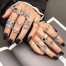 17IF 26-35 Pcs Vintage Silver Knuckle Rings Set For Women Men, Grunge Gothic Rings Chunky Aesthetic Snake Stackable Adjustable Punk Bulky Finger Alt Fairy Skull Frog Heart Star Flower Midi Ring Pack{Inchstyleinch:Inch21RedClowninch} - 21 紅小丑 - 查看 6