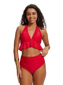 AONIHUA 女士 V 领两件套假日纯色性感挂脖比基尼泳衣套装，适合夏季海滩度假，沙滩装 - 紅色 - 查看 10