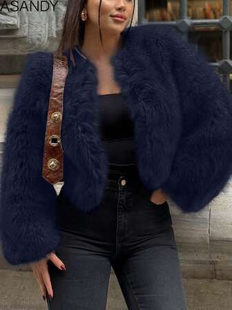 Women's Round Neck Loose Short Faux Fur Fashion Casual Jacket