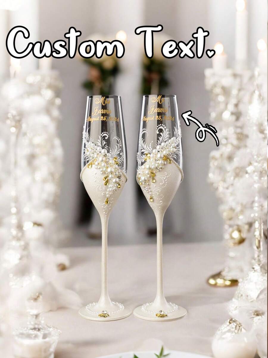 1pc Customized Personalized Champagne Glass, Pearl Champagne Glass, Bride And Bridesmaid Customized Champagne Glass - Reusable, Machine Washable. Personalized Pearl Champagne Glass/Bride And Bridesmaid Wine Glass/Wedding Party Wine Glass/Wedding Supplies/Champagne Flute/Champagne Glass/Bridesmaid/Bride/Mother Of The Bride/Bachelorette Party/Birthday Party, Versatile, Unique Personalized - Multicolor - View 1
