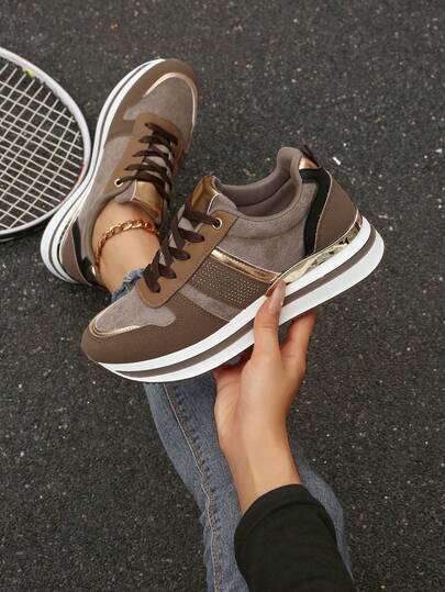 Fashionable Comfortable Slip-On Anti-Slip Women's Wedge Rhinestone Patchwork Platform Sneakers, Lightweight Casual Rhinestone Decorated Trainers