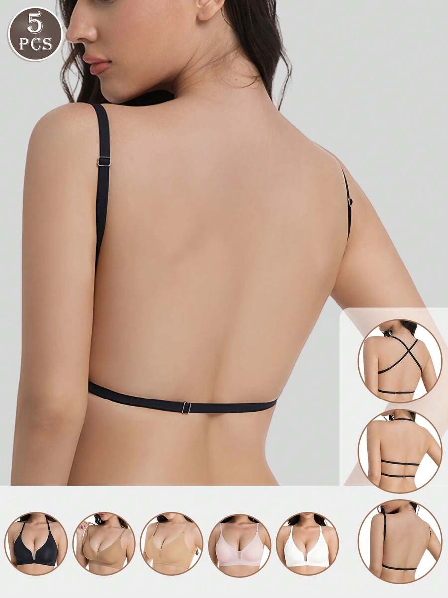 5 piezas Sujetador sin costuras y sin espalda para mujer, ropa interior sin tirantes para verano, sujetador sexy para novia. Incluye tres tipos de tirantes, sin costuras y transpirable, con tirantes ajustables, sujetador delgado, cómodo y transpirable, adecuado para bodas, vestidos de gala, faldas camiseta, etc. - Multicolor - Ver 1
