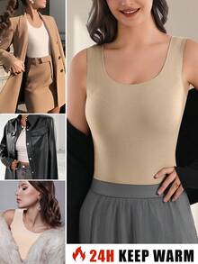 高品质舒适女士罗纹保暖纯色保暖U领无袖保暖背心，冬季女士保暖罗纹服装 - 卡其色 - 查看 5