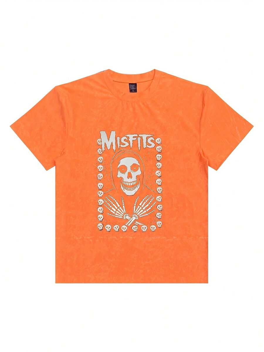 MISFITS Skull Graphic T-Shirt - Red Marbled Tie-Dye Textured Crew Neck Short Sleeve Tee, Stylized Grim Reaper Skull Design With Smaller Skulls Border, White Bold Font Above - Perfect For Rock Fans, Casual Summer Breathable Top- Fall Graphic T-Shirt Women's Halloween Animal Print Casual T-Shirt For Fall Outfit - 橘色 - 查看 1