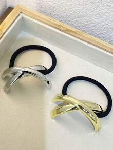 2pcs Women's Criss-Cross Metal Hair Scrunchies, Geometric Hair Rings For Buns, Minimalist Smooth Ponytail Holders, Suitable For Ladies And Girls ,Hair Elastics ,Hair Rubber Bands ,Hair Rope - Multicolor - View 6