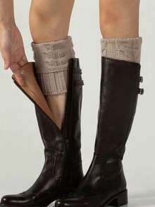 1 Pair Autumn/Winter Warm Versatile Solid Color Knitted Mid-Calf Leg Warmers, Knee Protector Leg Warmers, JK Style - Coffee Brown - View 1