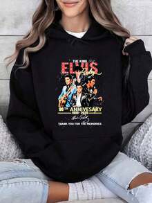 Sudadera con capucha de manga corta y cuello redondo con estampado conmemorativo del 90 aniversario del Rey , para mujeres y hombres - Negro - Ver 5