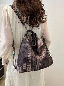 Bolso de mano de estilo retro y casual con estampado de letras en graffiti de poliéster, bolso de hombro minimalista de gran capacidad, adecuado para compras, calle, viajes y uso diario de mujeres