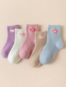 5 Pasang Kaos Kaki Anak Perempuan, Berbagai Warna (Merah Muda, Putih, Biru, Krem, Aprikot, Ungu) dengan Motif Hati & Huruf Kartun, Lembut & Hangat, Tebal, Gaya Sederhana, Lucu & Modis, Serbaguna untuk Pemakaian Sehari-hari, Cocok untuk Musim Gugur & Musim Dingin - MultiWarna - View 2