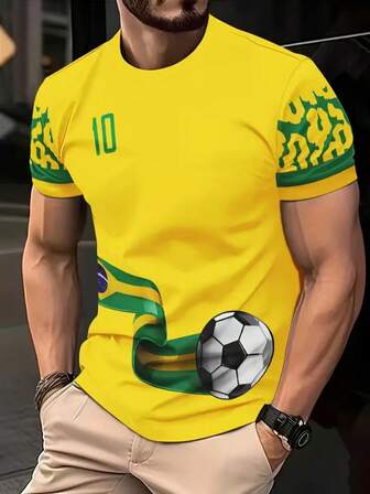 Herr T-shirt med kort ärm, avslappnad passform - Klargul med grönt fotbolls- och nummer 10-tryck, ventilerande tyg, normal passform, lämplig för utomhussport och vardagsbruk, hållbar tryckkvalitet