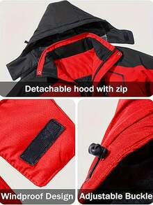 Men' S Windproof Jacket Winter Fleece Lined Coat Skiing Snowboard Parka Raincoat With Pockets Hood - 紅色 - 查看 4