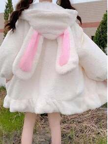 Women's Cute Bunny Ear Jacket Soft Plush Hoodie Kawaii Fashion Outerwear - trắng - Xem 4