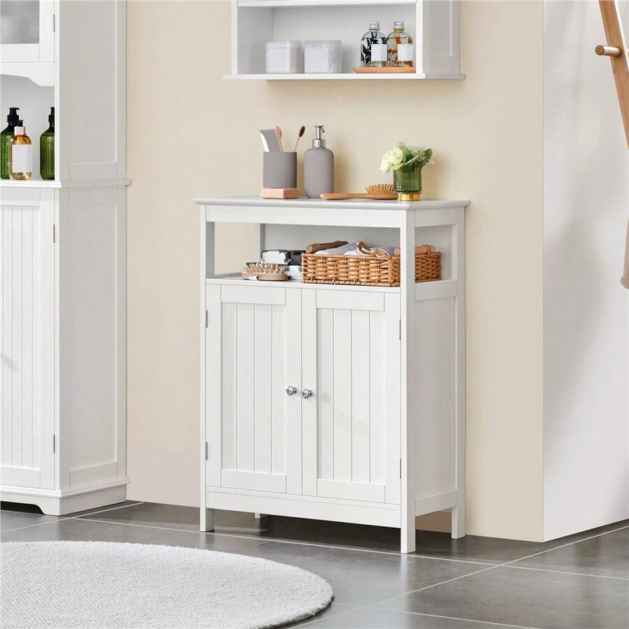 Butterslay 1PC Wooden Bathroom Storage Cabinet, Freestanding Floor Cabinet With Two Doors & Adjustable Shelf For Bathroom - White - View 1
