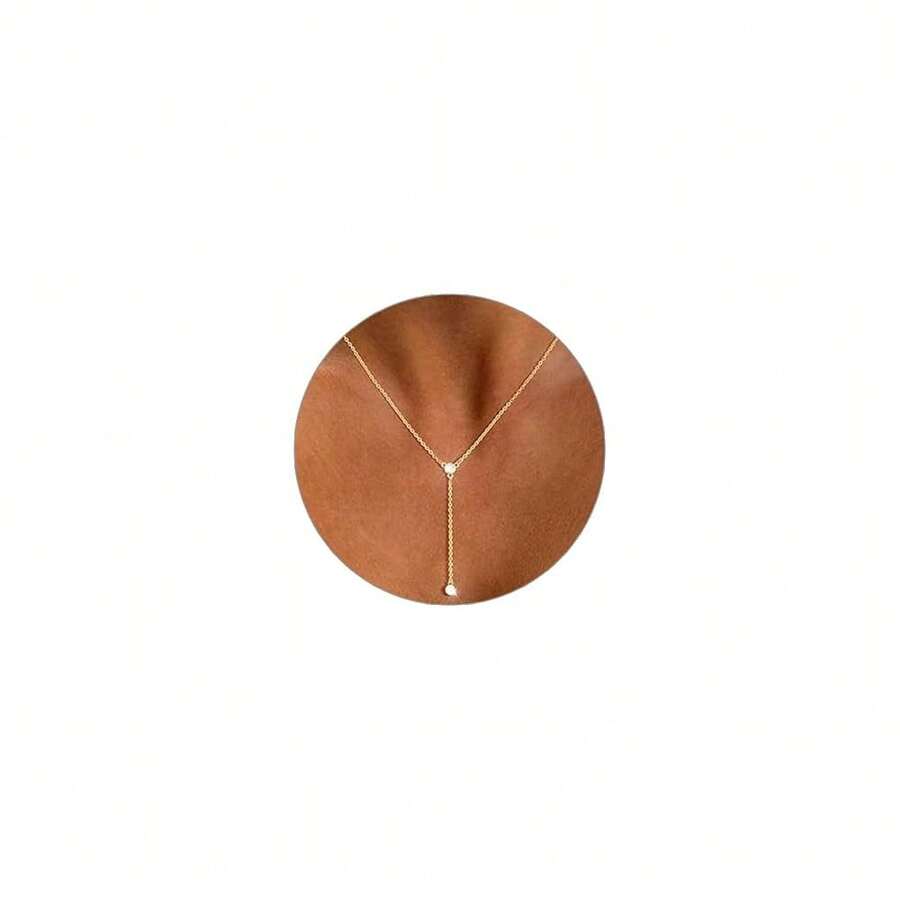 Luxval Lariat Gold Necklace For Women, Dainty Long Necklace 14k Gold Plated/Silver Y-Shaped Pendant Necklaces Beaded Chain Drop Necklaces Jewelry For Women Gifts{"Color_name":"Gold-YCZNecklace"} - 黃金-YCZ項鍊 - 查看 1