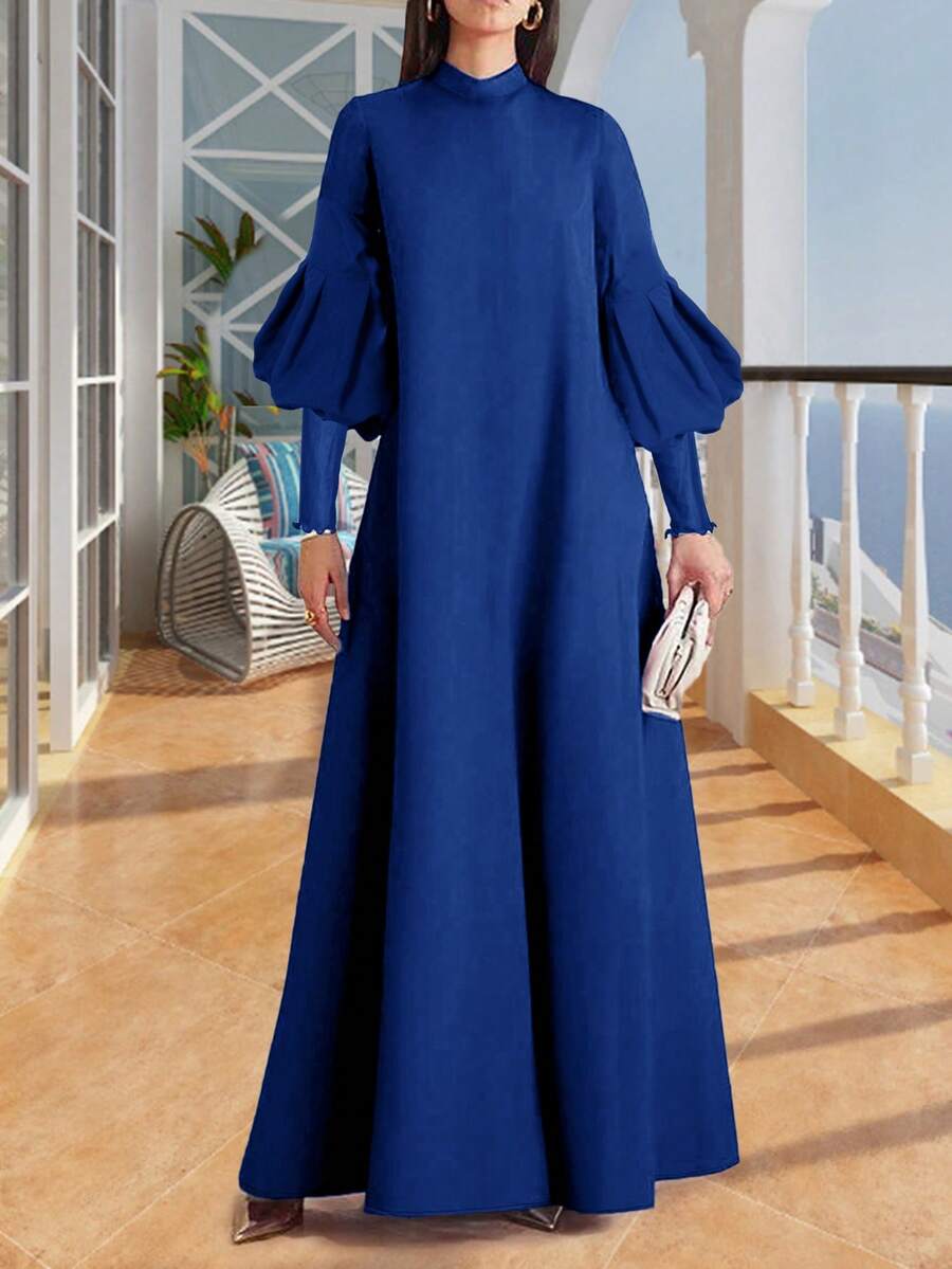 Đầm kiểu Trung Đông dành cho nữ, màu trơn, cổ cao, tay dài, dáng rộng, kiểu Abaya Hồi giáo. - Xanh đậm - Xem 1
