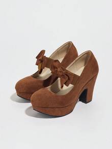 Women's Black Chunky Heel Closed Toe Low Block High Heel Pumps, Round Toe Work Shoes With Bow Decor Mary Jane, Comfortable Women's Formal Shoes, Christmas Gift - 棕色 - 查看 5