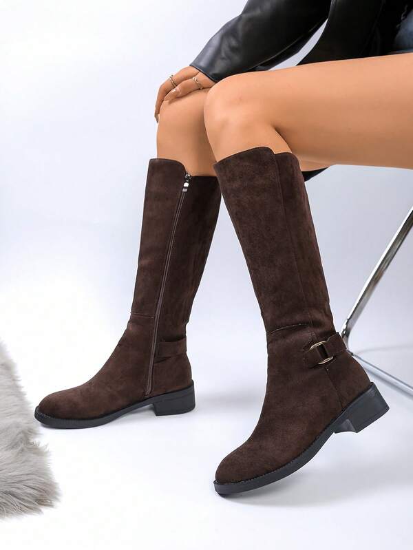 2025 Winter Fashion Riding Boots, Buckle Strap, Slim Fit Over-The-Knee Boots, Brown, Black, Suitable For Women, Brown Over-The-Knee Boots, Fashionable Outerwear, Faux Suede Uppers Easy To Maintain, Warm Lining For Comfort, Low Heel Rubber Sole For Comfort And Anti-Slip, High Heel Design Slimming Legs, Elegant Long Boots For Autumn/Winter