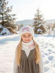 2pcs/Set Girls Embroidered Bow Knit Hat + Scarf Two Pieces Set, Warm Embroidered Bow Knit Set For Autumn/Winter, Children Two Pieces Knit Hat Set, Fashion Knit Hat Set