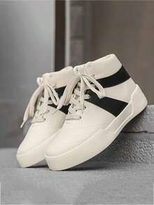 High-Top Casual Shoes For Teenagers, Black & White Color Block, Elevated, Versatile High Street Style, Soft Sole, Fashionable High-Top Sneakers For Young Men, Outdoor Sports Shoes