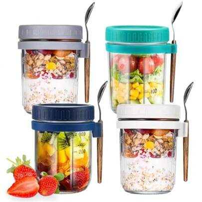 Overnight Oats Container Jars Airtight Oatmeal Container With Lids And Spoons 12oz Glass Food Storage Containers For Milk Cereal Fruit Yogurt Containers 4pcs